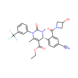 CCOC(=O)C1=C(C)N(c2cccc(C(F)(F)F)c2)C(=O)N(C)[C@@H]1c1ccc(C#N)cc1C(=O)N1CC(O)C1 ZINC001772603741