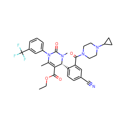 CCOC(=O)C1=C(C)N(c2cccc(C(F)(F)F)c2)C(=O)N(C)[C@@H]1c1ccc(C#N)cc1C(=O)N1CCN(C2CC2)CC1 ZINC001772569858