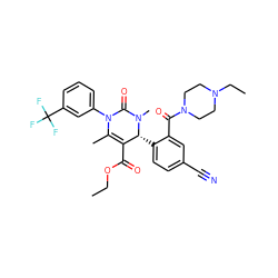 CCOC(=O)C1=C(C)N(c2cccc(C(F)(F)F)c2)C(=O)N(C)[C@@H]1c1ccc(C#N)cc1C(=O)N1CCN(CC)CC1 ZINC001772589735