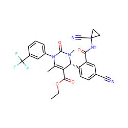 CCOC(=O)C1=C(C)N(c2cccc(C(F)(F)F)c2)C(=O)N(C)[C@@H]1c1ccc(C#N)cc1C(=O)NC1(C#N)CC1 ZINC001772614956