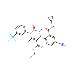 CCOC(=O)C1=C(C)N(c2cccc(C(F)(F)F)c2)C(=O)N(C)[C@@H]1c1ccc(C#N)cc1C(=O)NC1CC1 ZINC001772612459