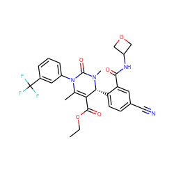 CCOC(=O)C1=C(C)N(c2cccc(C(F)(F)F)c2)C(=O)N(C)[C@@H]1c1ccc(C#N)cc1C(=O)NC1COC1 ZINC001772603331