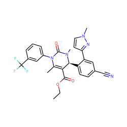 CCOC(=O)C1=C(C)N(c2cccc(C(F)(F)F)c2)C(=O)N(C)[C@H]1c1ccc(C#N)cc1-c1ccn(C)n1 ZINC001772653141