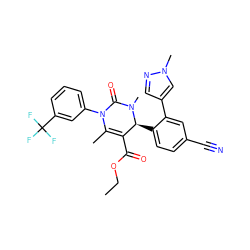 CCOC(=O)C1=C(C)N(c2cccc(C(F)(F)F)c2)C(=O)N(C)[C@H]1c1ccc(C#N)cc1-c1cnn(C)c1 ZINC001772635406