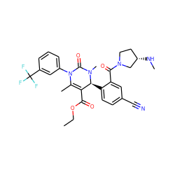 CCOC(=O)C1=C(C)N(c2cccc(C(F)(F)F)c2)C(=O)N(C)[C@H]1c1ccc(C#N)cc1C(=O)N1CC[C@H](NC)C1 ZINC001772578883