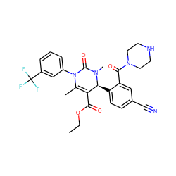 CCOC(=O)C1=C(C)N(c2cccc(C(F)(F)F)c2)C(=O)N(C)[C@H]1c1ccc(C#N)cc1C(=O)N1CCNCC1 ZINC001772647697