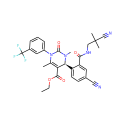 CCOC(=O)C1=C(C)N(c2cccc(C(F)(F)F)c2)C(=O)N(C)[C@H]1c1ccc(C#N)cc1C(=O)NCC(C)(C)C#N ZINC001772590385