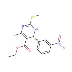 CCOC(=O)C1=C(C)N=C(SC)N[C@@H]1c1cccc([N+](=O)[O-])c1 ZINC000006154383