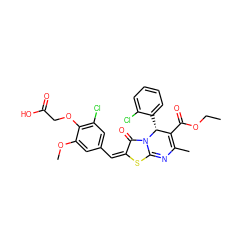 CCOC(=O)C1=C(C)N=c2s/c(=C/c3cc(Cl)c(OCC(=O)O)c(OC)c3)c(=O)n2[C@@H]1c1ccccc1Cl ZINC000006487583