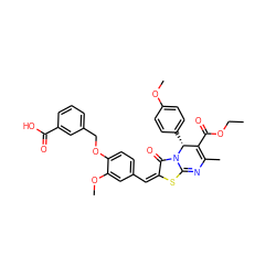 CCOC(=O)C1=C(C)N=c2s/c(=C/c3ccc(OCc4cccc(C(=O)O)c4)c(OC)c3)c(=O)n2[C@@H]1c1ccc(OC)cc1 ZINC000100219044