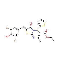 CCOC(=O)C1=C(C)N=c2s/c(=C\c3cc(Br)c(O)c(Br)c3)c(=O)n2[C@@H]1c1cccs1 ZINC000100618224