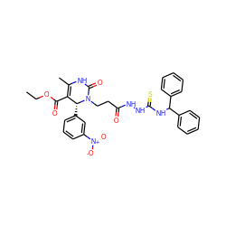 CCOC(=O)C1=C(C)NC(=O)N(CCC(=O)NNC(=S)NC(c2ccccc2)c2ccccc2)[C@@H]1c1cccc([N+](=O)[O-])c1 ZINC001772617123