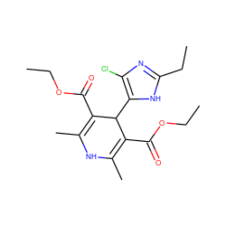 CCOC(=O)C1=C(C)NC(C)=C(C(=O)OCC)C1c1[nH]c(CC)nc1Cl ZINC000035847180