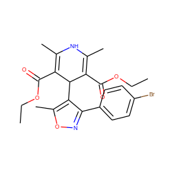 CCOC(=O)C1=C(C)NC(C)=C(C(=O)OCC)C1c1c(-c2ccc(Br)cc2)noc1C ZINC001772583765