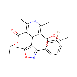 CCOC(=O)C1=C(C)NC(C)=C(C(=O)OCC)C1c1c(-c2cccc(Br)c2)noc1C ZINC001772572211