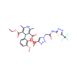 CCOC(=O)C1=C(C)NC(C)=C(C(=O)OCC)C1c1cccc(OC)c1OCc1cn(CC(=O)Nc2nnc(C(F)(F)F)s2)nn1 ZINC000299839824