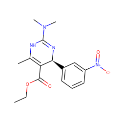 CCOC(=O)C1=C(C)NC(N(C)C)=N[C@H]1c1cccc([N+](=O)[O-])c1 ZINC000299854960