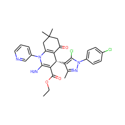 CCOC(=O)C1=C(N)N(c2cccnc2)C2=C(C(=O)CC(C)(C)C2)[C@@H]1c1c(C)nn(-c2ccc(Cl)cc2)c1Cl ZINC000169311006