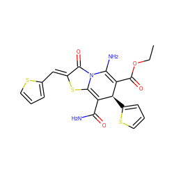 CCOC(=O)C1=C(N)n2c(sc(=Cc3cccs3)c2=O)=C(C(N)=O)[C@@H]1c1cccs1 ZINC000254081904