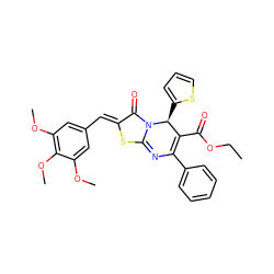 CCOC(=O)C1=C(c2ccccc2)N=c2s/c(=C\c3cc(OC)c(OC)c(OC)c3)c(=O)n2[C@H]1c1cccs1 ZINC000002948609