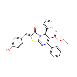 CCOC(=O)C1=C(c2ccccc2)N=c2s/c(=C\c3ccc(O)cc3)c(=O)n2[C@H]1c1cccs1 ZINC000002949103