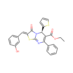 CCOC(=O)C1=C(c2ccccc2)N=c2s/c(=C\c3cccc(O)c3)c(=O)n2[C@H]1c1cccs1 ZINC000002948653