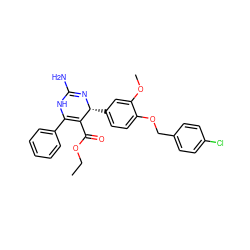 CCOC(=O)C1=C(c2ccccc2)NC(N)=N[C@@H]1c1ccc(OCc2ccc(Cl)cc2)c(OC)c1 ZINC000013636346