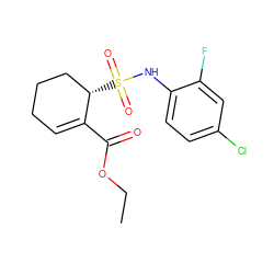 CCOC(=O)C1=CCCC[C@@H]1S(=O)(=O)Nc1ccc(Cl)cc1F ZINC000028637594