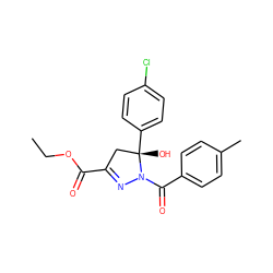 CCOC(=O)C1=NN(C(=O)c2ccc(C)cc2)[C@@](O)(c2ccc(Cl)cc2)C1 ZINC000000970864