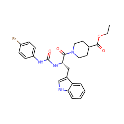 CCOC(=O)C1CCN(C(=O)[C@H](Cc2c[nH]c3ccccc23)NC(=O)Nc2ccc(Br)cc2)CC1 ZINC000102772177