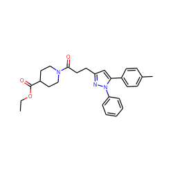 CCOC(=O)C1CCN(C(=O)CCc2cc(-c3ccc(C)cc3)n(-c3ccccc3)n2)CC1 ZINC000072121436