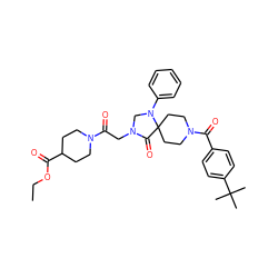 CCOC(=O)C1CCN(C(=O)CN2CN(c3ccccc3)C3(CCN(C(=O)c4ccc(C(C)(C)C)cc4)CC3)C2=O)CC1 ZINC000066252170