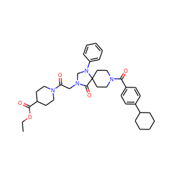 CCOC(=O)C1CCN(C(=O)CN2CN(c3ccccc3)C3(CCN(C(=O)c4ccc(C5CCCCC5)cc4)CC3)C2=O)CC1 ZINC000066252402