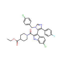 CCOC(=O)C1CCN(C(=O)c2[nH]c3cc(Cl)ccc3c2-c2c(-c3ccc(F)cc3)ncn2Cc2ccc(Cl)cc2)CC1 ZINC001772579505