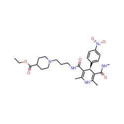 CCOC(=O)C1CCN(CCCNC(=O)C2=C(C)NC(C)=C(C(=O)NC)[C@@H]2c2ccc([N+](=O)[O-])cc2)CC1 ZINC000027562854