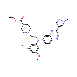 CCOC(=O)C1CCN(CCN(c2cc(OC)cc(OC)c2)c2ccc3ncc(-c4cnn(C)c4)nc3c2)CC1 ZINC000204168081