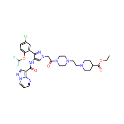 CCOC(=O)C1CCN(CCN2CCN(C(=O)Cn3cc(NC(=O)c4cnn5cccnc45)c(-c4cc(Cl)ccc4OC(F)F)n3)CC2)CC1 ZINC001772653039