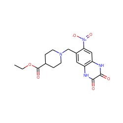 CCOC(=O)C1CCN(Cc2cc3[nH]c(=O)c(=O)[nH]c3cc2[N+](=O)[O-])CC1 ZINC000027758479