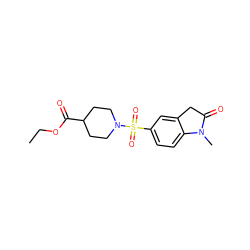 CCOC(=O)C1CCN(S(=O)(=O)c2ccc3c(c2)CC(=O)N3C)CC1 ZINC000001430373