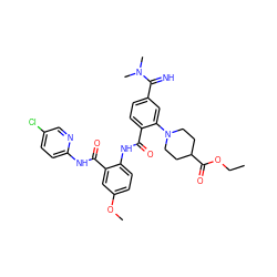 CCOC(=O)C1CCN(c2cc(C(=N)N(C)C)ccc2C(=O)Nc2ccc(OC)cc2C(=O)Nc2ccc(Cl)cn2)CC1 ZINC000036126777