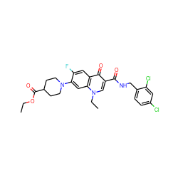 CCOC(=O)C1CCN(c2cc3c(cc2F)c(=O)c(C(=O)NCc2ccc(Cl)cc2Cl)cn3CC)CC1 ZINC000043069833