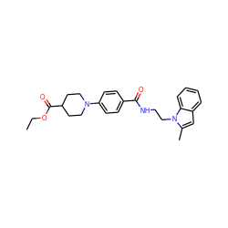 CCOC(=O)C1CCN(c2ccc(C(=O)NCCn3c(C)cc4ccccc43)cc2)CC1 ZINC000169351840