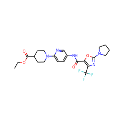 CCOC(=O)C1CCN(c2ccc(NC(=O)c3oc(N4CCCC4)nc3C(F)(F)F)cn2)CC1 ZINC000096286521