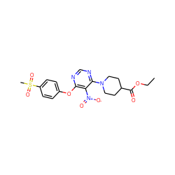 CCOC(=O)C1CCN(c2ncnc(Oc3ccc(S(C)(=O)=O)cc3)c2[N+](=O)[O-])CC1 ZINC000033604430