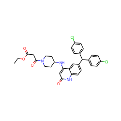 CCOC(=O)CC(=O)N1CCC(Nc2cc(=O)[nH]c3ccc(C(c4ccc(Cl)cc4)c4ccc(Cl)cc4)cc23)CC1 ZINC001772589631