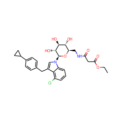 CCOC(=O)CC(=O)NC[C@H]1O[C@@H](n2cc(Cc3ccc(C4CC4)cc3)c3c(Cl)cccc32)[C@H](O)[C@@H](O)[C@@H]1O ZINC000653740631