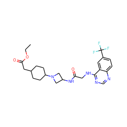 CCOC(=O)CC1CCC(N2CC(NC(=O)CNc3ncnc4ccc(C(F)(F)F)cc34)C2)CC1 ZINC000149145821