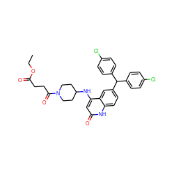 CCOC(=O)CCC(=O)N1CCC(Nc2cc(=O)[nH]c3ccc(C(c4ccc(Cl)cc4)c4ccc(Cl)cc4)cc23)CC1 ZINC001772596049