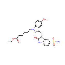 CCOC(=O)CCCCCn1cc(/C=C2\C(=O)Nc3ccc(S(N)(=O)=O)cc32)c2cc(OC)ccc21 ZINC000013538981