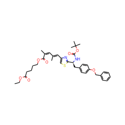 CCOC(=O)CCCCOC(=O)/C(C)=C\C(C)=C\c1csc([C@H](Cc2ccc(OCc3ccccc3)cc2)NC(=O)OC(C)(C)C)n1 ZINC000169321998